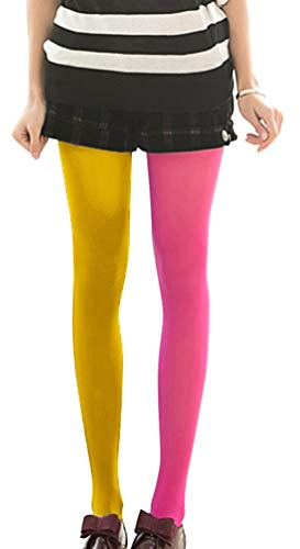 ifundom Collant Bicolore Femme Rose et Jaune Fluo, Collant Asymétrique Opaque en Velours, Fantaisie Deux Couleurs, Costume Carnaval, Cosplay, Halloween, Festival, Taille Unique