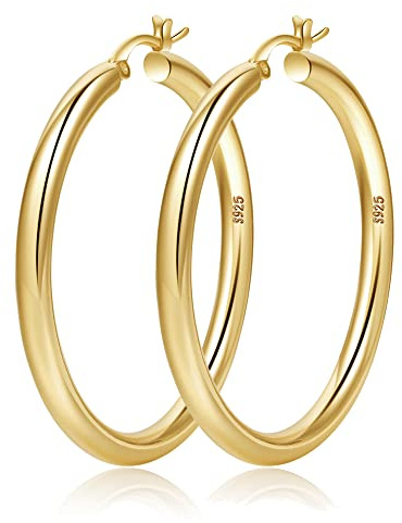 4mm Thick Gold Chunky Earrings Steling Silver Post Hoops Earrings For Women Hollow Tube Hoops Earrings Thick Golden Hoop Earrings Hypoallergenic Lightweight Gold Hoop Large Earrings 20/30/40/50/60MM