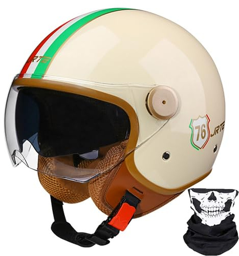 Casque De Moto Vespa, Demi-Casque De Moto Rétro 3/4 Ouvert avec Double Visière, pour Hommes Et Femmes, Casque De Scooter, VTT, Cruiser, Approuvé ECE/Dot 10,M56-57cm