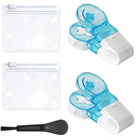 MEMOFYND 2-delad pillerdispenser med 1-delad borste, 2-delad blixtlåspåse, pillerstansar, förvaringslåda för pillerdispenser, bärbar tablettdelare