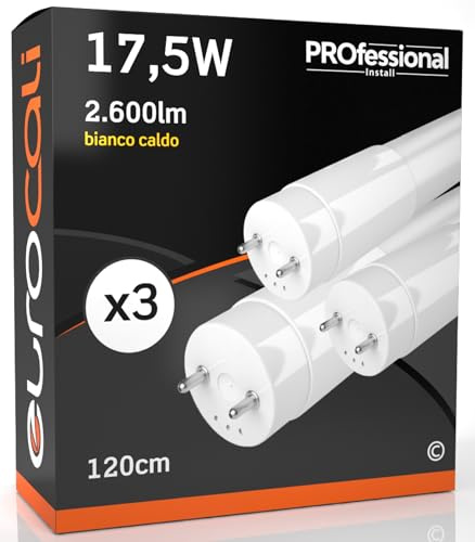 Eurocali Tubo LED 120cm 17,5W 2600 lumen - Bianco Caldo 3000K - Policarbonato - Tubo T8 Attacco G13 - Sostituzione Neon - Pacco da 3
