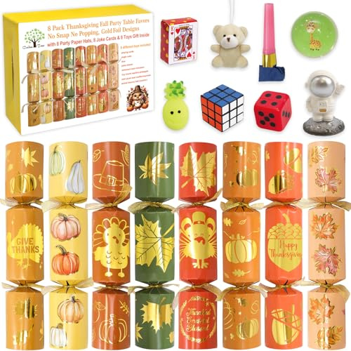 ceiba tree 8 PCS Thanksgiving Crackers Poppers Party Table Favors No Snap No Popping Fall Games Activities for Kids Family with Party Hats Joke Cards Small Gifts Toys Gold Foil