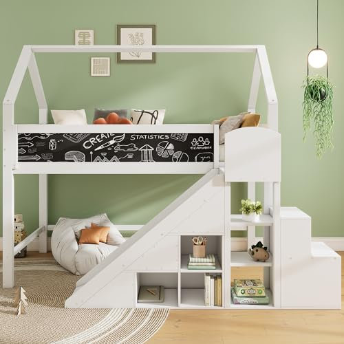 Ymkua Etagenbett Kinderbett 90x200 cm, Hochbett mit Stauraum und Rausfallschutz, Einzelbett Bett mit Rutsche, Treppe und Schränken, Kinder Bett, Holzbett mit Tafel und Lattenrost, Weiß, Ohne Matratze