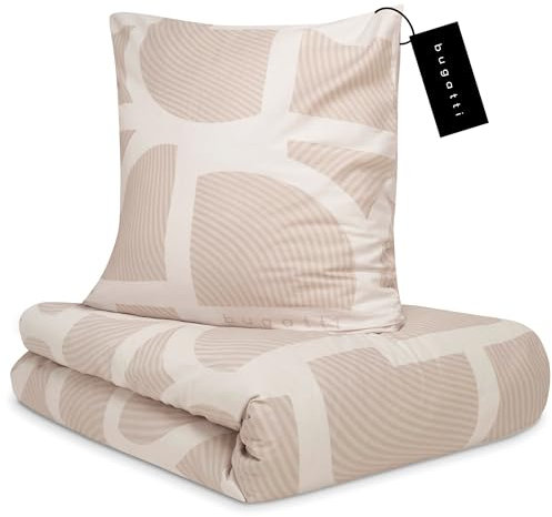 bugatti Bettwäsche 135x200 cm - 100% Baumwolle, Reißverschluss, anschmiegsam, weich & waschbar, Satinbettwäsche beige grafisches Muster