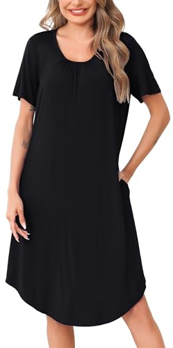 Wikoan Chemise de Nuit Femme Manches Courtes Robe de Nuit Ete Chemise de Nuit Longue Confort Maison Vêtements de Nuit Femme T-Shirt avec Poches Noir S