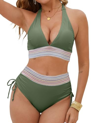 CheChury Conjuntos de Bikinis Mujer Cintura Alta Bikinis Halter Cuello en V Sexy Traje de Baño 2 Piezas Vientre Plano Bañadores Mujer Reductores Natacion Talla Grande Bikini Push Up Bañador Reductor
