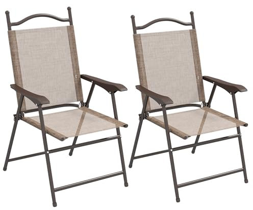 Outsunny Folding Chairs Set of 2, Garden Chair with Armrest, Breathable Mesh Fabric Seat, Camping Sports Chairs for Adults, Mixed Brown