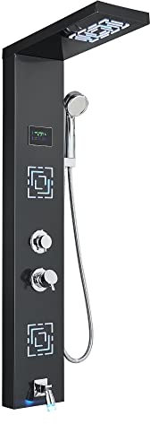 Panneau de douche, Noir/brossé salle de bain LED panneau de douche système de tour mitigeur mural douche à main tête de pluie SPA Massage(Black 9007)