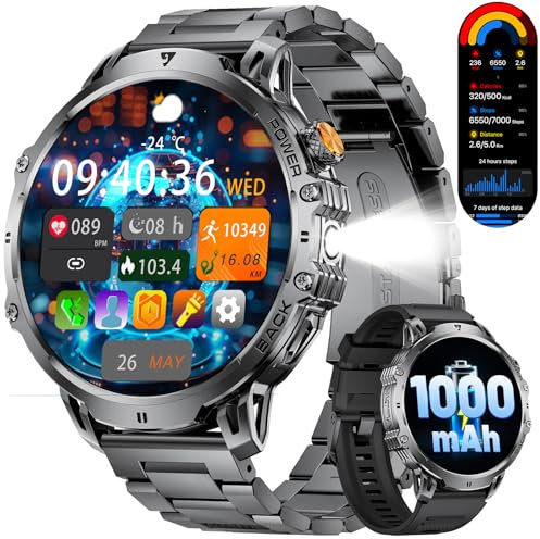 Montre Connectée Homme 1000 mAh Batterie/1.85'' HD Grand Écran Smartwatch avec LED Lampe,IP68 Étanche Montre Fitness avec 24/7 Fréquence Cardiaque,Moniteur de Sommeil pour Android iOS,Métal Bracelet
