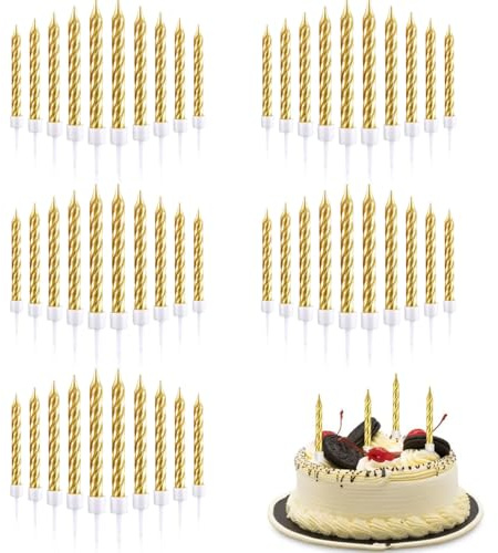 ZHAOYCSH Velas de Cumpleaños en Espiral, 50 Pzas de Velas Metálicas para Pasteles con Soporte - Decoración para Fiestas, Bodas, Cupcakes, Aniversario, Tartas (Oro Brillante)
