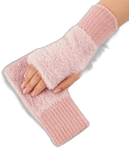 Women's Fingerless Gloves, Soft Knit Winter Wrist Warmers with Faux Fur Trim, Hand Washable, Casual Wear, Trendy, Fashionable, Pink, One Size