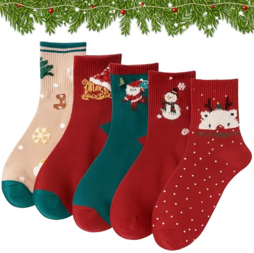 KIRZAX 5 Paia Calze di Natale Unisex, Calzettoni Morbidi per Casa Regalo Natale,Graziosi Calzini Natalizi per Donna e Uomo,Calzini con Renne, Calzini Babbo Natale,Taglia Unica