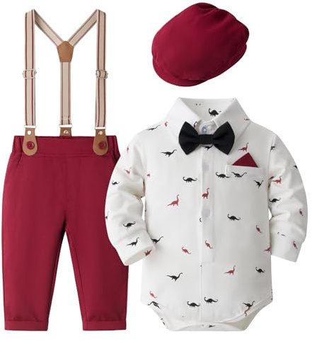 Volunboy Baby Boys Gentleman Suit, Formal Bow Tie Romper + Suspenders Pants + Beret Hat 5PCS Outfit(Tag Size 73,9-12 Months,Red Dinosaur
