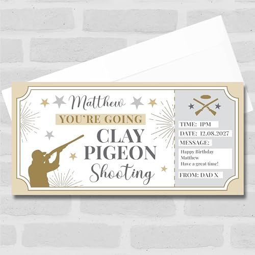 Greetings Card - Clay Pigeon Shooting Stars Gold Personalised Gift Voucher Surprise Ticket | Custom Greetings Card | Surprise Reveal Voucher Spoof Ticket