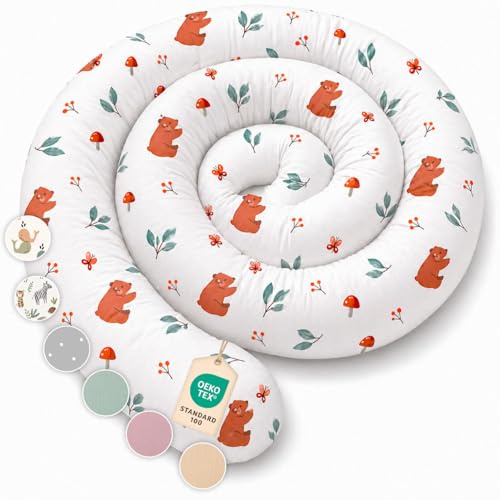 Lovely Hippo sidosovkudde av 100 % bomull – sängorm kroppskudde, lång kudde, sängrulle, kudde (Bär, 150 cm)
