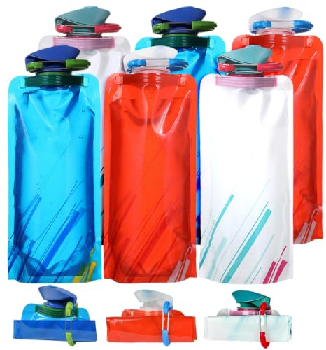 6 Pezzi Borraccia Pieghevole 700ML, Bottiglia Riutilizzabile con Moschettone, Portatile Bottiglia Pieghevole, Bottiglia d'acqua Pieghevole per Escursioni Avventura Viaggi