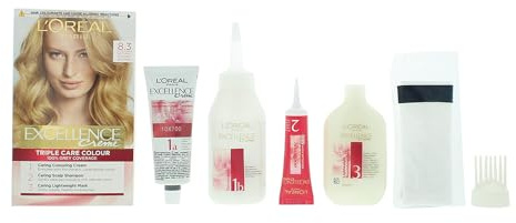 L'Oréal Paris Excellence Crème Permanent Hair Dye, Radiant At-Home Hair Colour with up to 100% Grey Coverage, Pro-Keratin, Up to 8 Weeks of Colour, Colour: 8.3 Natural Golden Blonde