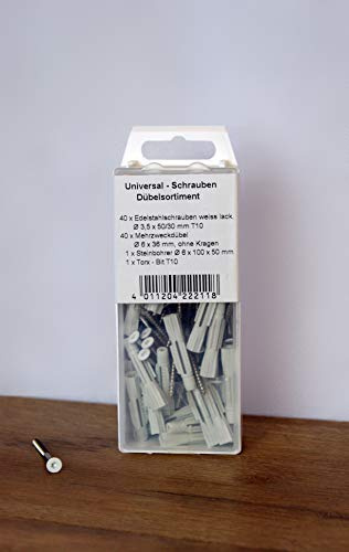 Leisten Hofmeister | 40 Edelstahlschrauben mit weißem Torx-Kopf | 3,5x50mm | 40 Dübel 6mm | 1 Steinbohrer 6mm | 1 Torx Bit T10