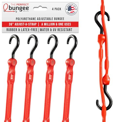 The Perfect Bungee 36 Adjust-A-Strap, Adjustable Heavy Duty Polyurethane Bungee Strap, Heavy Duty Nylon Hooks, Made in the USA, 4 Pack, Red