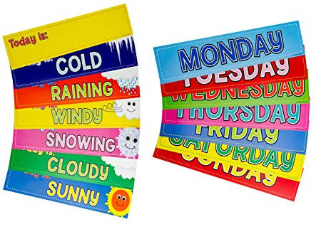 Hygloss 14-Pcs Daily Wall Calendar Cards, 7 Days of the Week and 7 Weather Cards, Classroom Calendar Decorations, 2.5x11