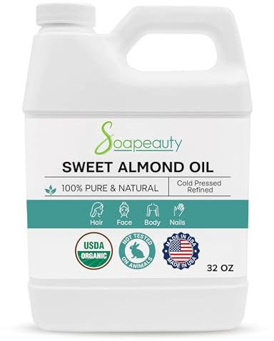 Soapeauty Sweet Almond Oil Cold Pressed Refined USDA Organic | 100% Pure & Natural Available in Bulk | Carrier for Essential Oils, Massage, Skin, Face, and Hair, Soap Making, DIY | 32 fl oz
