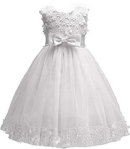 Discoball Girls Princess Dress,Tulle Bow Lace Embroidery Flower Girl Dress,Birthday Party Wedding Bridesmaid First Communion Girls' Dresses for 1-10 Years White