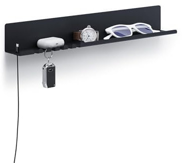 byde Helke - Mensola da Parete, 44 x 6 x 6 cm, 5 Ganci e Porta Cavi, In Lamiera di Acciaio Verniciato a Polvere, Organizer per Chiavi e Lettere per Ingresso, Corridoio, Cucina, Ufficio, Colore Nero