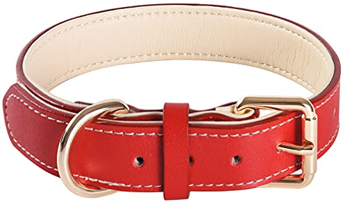 Collier réglable en Cuir véritable Souple et rembourré pour Chiens de Petite, Moyenne et Grande Race (L, Rouge)