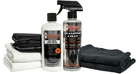 White Diamond Mirror Finish Polishing Pack - Long Lasting Metal Polish & Sealant, Diamond Coat Graphene Ceramic Spray, 2 Microfiber Towels, 2 Polyester Application Pads, 2 Terry Clothes