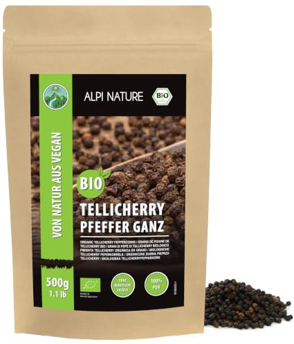 Alpi Nature Tellicherry Peppar BIO 500g, Hela Tellicherry Svartpepparkorn, Svart Pepparkorn