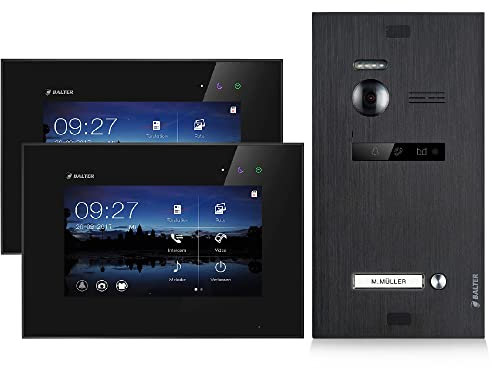 Balter EVO Video Türsprechanlage, Touchscreen, 2X 7 Zoll Monitor, 2-Draht Bus, Türstation für Einfamilienhaus Türklingel, 150° Weitwinkel-Kamera, Schwarz