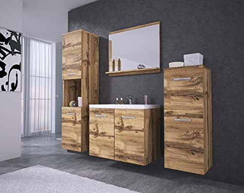 Muebles Slavic Conjunto De Muebles De Baño Roma con Lavabo, Armarios Colgantes, Espejo con Estantería, Tablero Laminado MDF, Estilo Moderno, Color Wotan, 132 x 32 x 32 cm