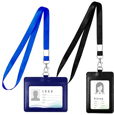 Vicloon Ausweishüllen mit Schlüsselband, 2 Stücke Ausweishalter Leder mit Umhängeband, Kartenhülle Vertikal und Horizontal Ausweishalter, Transparentes Fenster, für Ausweise Busfahrkarten-Schwarz+Blau