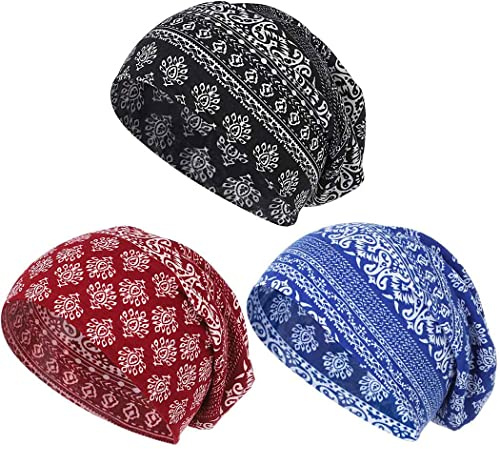 Bohend Bohemian Beanie Hats Headwear Cap Stretch Non Slip Bandanas Sleep Turbans Hats for Women Men Close top Head Covering (Cashew Flower Style) Multicolor
