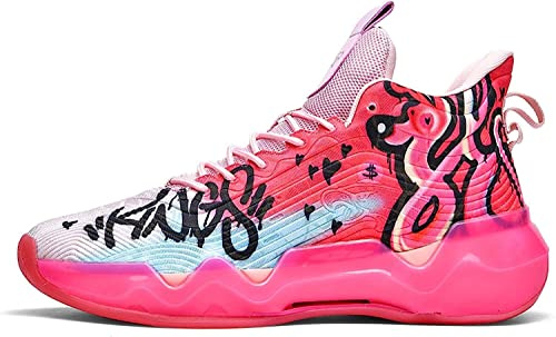 Bolognifi Chaussures de Basket-Ball fluorescentes for Hommes, Chaussures de Sport Ultra légères antidérapantes, Chaussures d'entraînement de Style Graffiti (Color : Pink, Size : 40 EU)