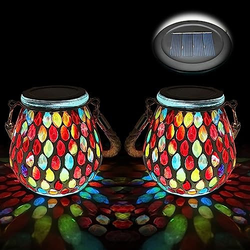 TOTHDATE 2PCS Solar Mosaik Leuchte Oval für Außen, On/Off Glas Mosaik Hängend Licht Solarlaterne Tischleuchte IP65 Wasserdicht für Rasen Pfad Hof Deck Boden Teich, Rot Mosaik Licht