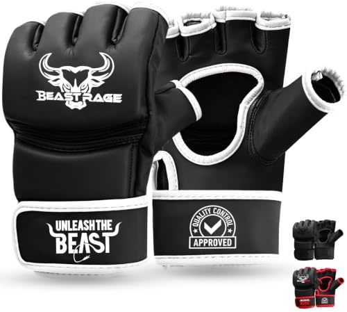 BEAST RAGE Guanti MMA per Arti Marziali Grappling Allenamento guantoni, palmo ventilato, VEGAN Kara Sparring Guantoni per Kickboxing, Muay Thai, Sacchi Pugilato, Sacco da Boxe Cuoio Hide (2XL, BIANCO)