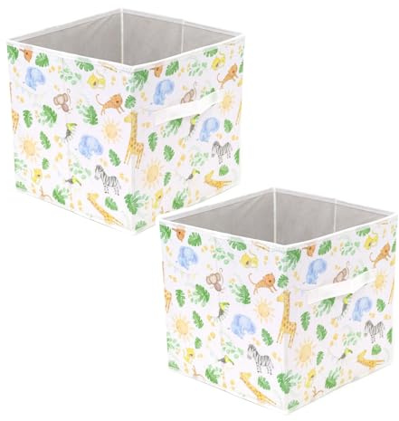 Carousel Home Set Of 2 Nursery Storage Box | Childrens Jungle Safari Storage Basket | Foldable Square Fabric Storage Cube For Kids