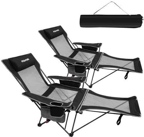 POEPORE 2 stycken campingstolar med fotstöd, lutbart, vikbart, ryggstöd justerbart med 4 lägen, hopfällbara stolar för vuxna, med kylväska, picknick, strand, trädgård, fiske, svart