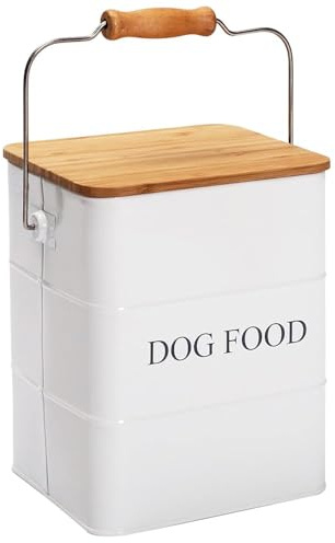 Geyecete Métal Conteneur Croquette Chiens-6L Boîtes pour Nourriture et friandises Animaux-Hermétiques Bois Couvercles-Acier Carbone revêtu -Bac Croquette chien avec Poignée-Blanc