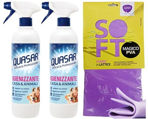 Detergente, IGIENIZZANTE CASA & ANIMALI, Senza Risciacquo, Ipoallergenico 580ml (2 Trigger) + Panno In Lattice SOFT, Formato 30x30