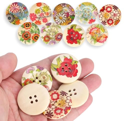 100 Botones De Madera, Botones De Madera Grandes, 3 Cm Botones Decorativos, De Madera Coloridos Con 2 Agujeros, Patrón De Flores, Decorativos Redondos Para Manualidades, Costura