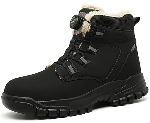 AOACOEBN Winter Sicherheitsschuhe Herren Arbeitsschuhe Damen leicht mit Drehknopf rutschfest Stahlkappenschuhe Wasserdicht Sicherheitsstiefel Warm Gefüttert Schutzschuhe，Schwarz，41 EU