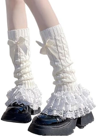 GlamRays Leg Warmers Y2K, Schleife Spitzen Rand Kniehohe Beinwärmer, Stulpen Damen, Damen Langer Beinwärmer für Lolita Kostüm Party Accessoire