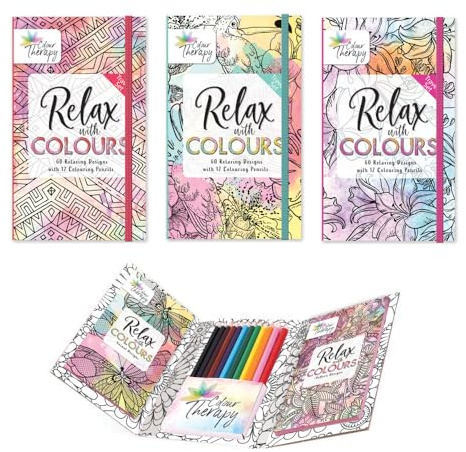 Sixstore Relaxing Antistress Lot de 3 livres de coloriage Couleurs Thérapie Couleurs assorties Format voyage 18 x 11 cm Set de coloriage de poche 60 motifs relaxants par lot avec 12 crayons