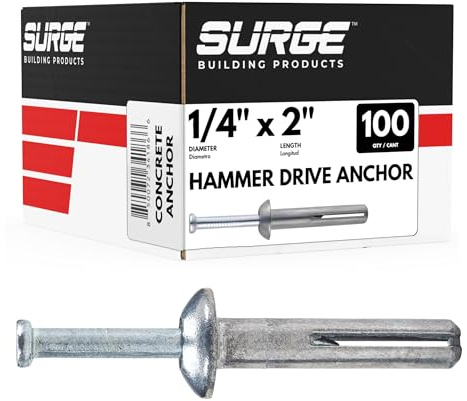 1/4 x 2 Hammer Drive Nail in Concrete Anchor (100/BOX) | Nail Drive Anchor for Concrete, Block, and Brick | Mushroom Head Fasteners with Carbon Steel Nail