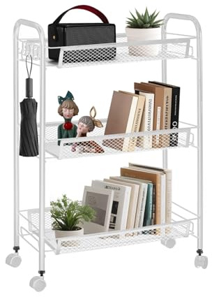 3 Tier Rolling Storage Trolley Cart with Mesh Shelves, Multi-Purpose Storage Trolley on Wheels for Kitchen, Bathroom, Bedroom, and Living Room Easy to Assemble Mobile Utility Kitchen Trolley White