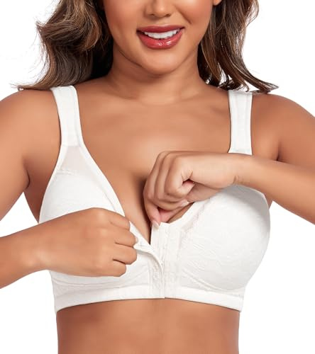 DotVol Women's Wirefree Unpadded Front Fastening Posture Bra(White,42C)