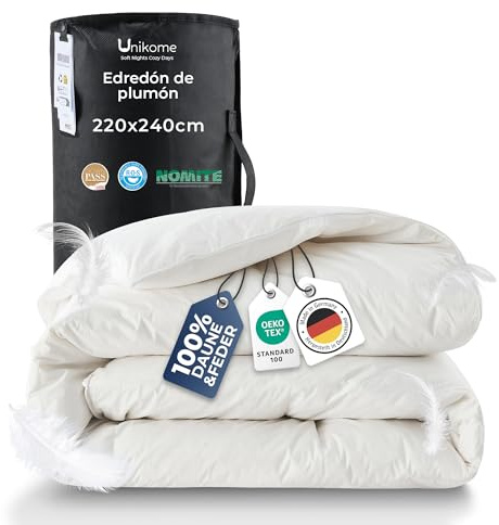 UNIKOME 220x240 Edredón para Todas Las Estaciones con 2930 g de Relleno de plumón y Plumas, 100% algodón, Fabricado en Alemania, Certificado Oeko-Tex, Downpass y Nomite, Lavable