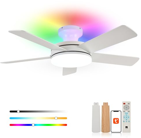 Orison Ceiling Fans with Lights, 45 Inch Low Profile Ceiling Fan with Light and Remote/APP Control, RGB Backlight & LED 3CCT Dimmable, DC Reversible Motor, 6 Speeds, 5 Reversible Blades White